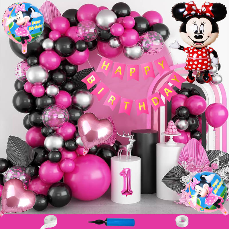 CRAZYKART Minnie Mouse Theme First 1st Birthday Decoration Items For Girls Party Decoration Kit Balloon Combo Pack Of 90 Pcs Pink     			CRAZYKART Minnie Mouse Theme First 1st Birthday Decoration Items For Girls Party Decoration Kit Balloon Combo Pack Of 90 Pcs Pink