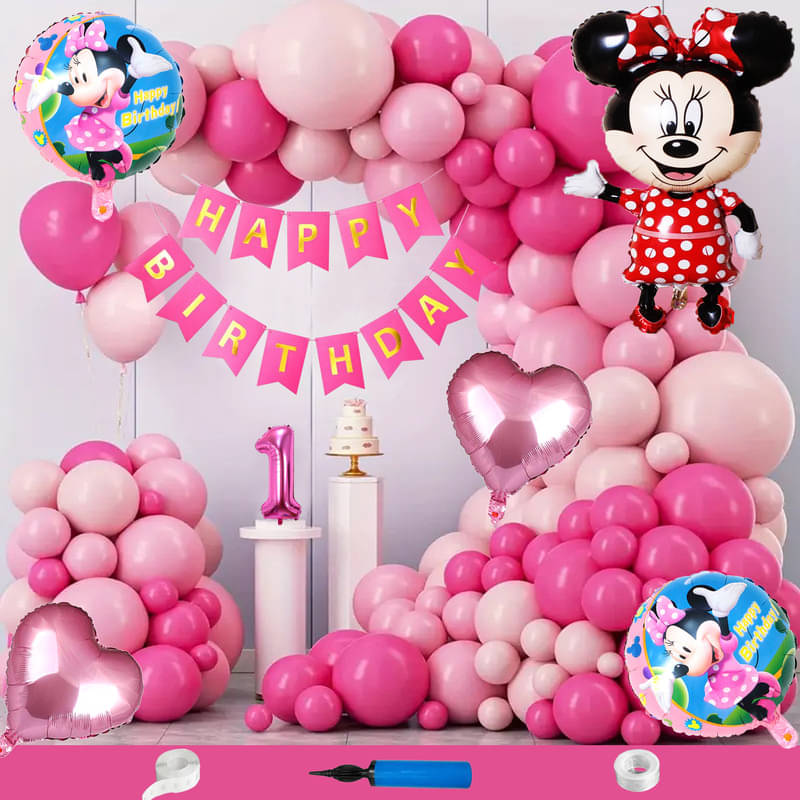 CRAZYKART Minnie Mouse Theme First 1st Birthday Decoration Items For Girls Party Decoration Kit Balloon Combo Pack Of 110 Pcs Pink     			CRAZYKART Minnie Mouse Theme First 1st Birthday Decoration Items For Girls Party Decoration Kit Balloon Combo Pack Of 110 Pcs Pink