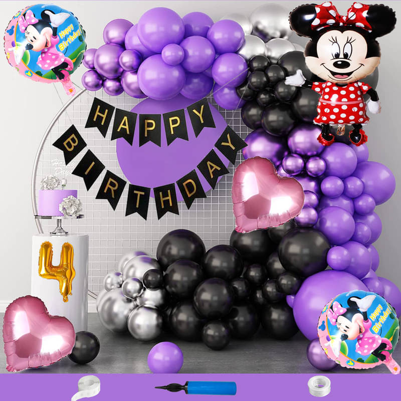 CRAZYKART Minnie Mouse Theme Fourth 4th Birthday Decoration Items For Girls Party Decoration Kit Balloon Combo Pack Of 110 Pcs Purple     			CRAZYKART Minnie Mouse Theme Fourth 4th Birthday Decoration Items For Girls Party Decoration Kit Balloon Combo Pack Of 110 Pcs Purple