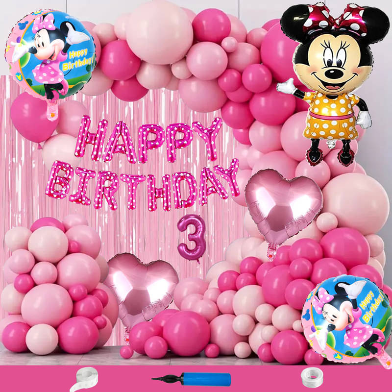 CRAZYKART Minnie Mouse Theme Third 3rd Birthday Decoration Items For Girls Party Decoration Kit Balloon Combo Pack Of 112 Pcs Pink CRAZYKART Minnie Mouse Theme Third 3rd Birthday Decoration Items For Girls Party Decoration Kit Balloon Combo Pack Of 112 Pcs Pink