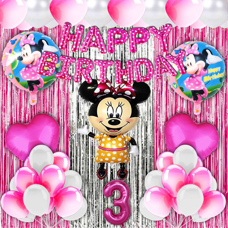     			CRAZYKART Minnie Mouse Theme Third 3rd Birthday Decoration Items For Girls Party Decoration Kit Balloon Combo Pack Of 40 Pcs Pink