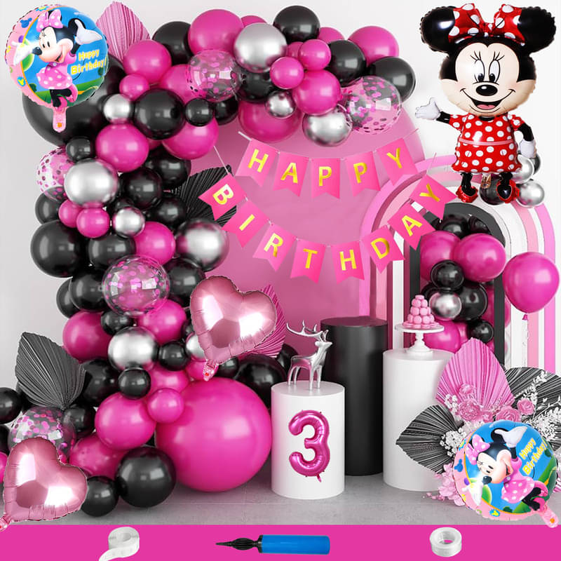 CRAZYKART Minnie Mouse Theme Third 3rd Birthday Decoration Items For Girls Party Decoration Kit Balloon Combo Pack Of 90 Pcs Pink CRAZYKART Minnie Mouse Theme Third 3rd Birthday Decoration Items For Girls Party Decoration Kit Balloon Combo Pack Of 90 Pcs Pink