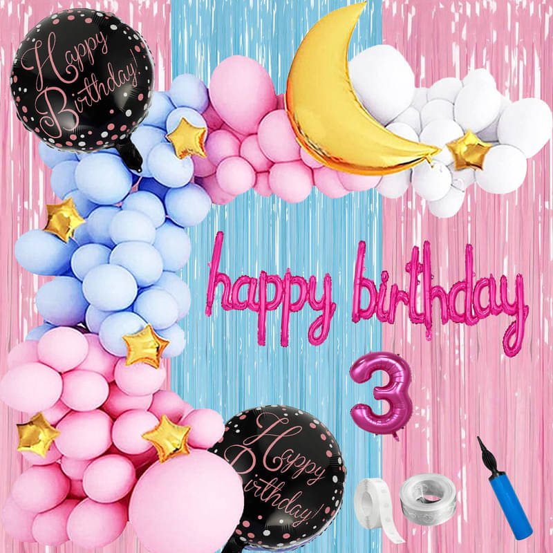     			CRAZYKART Moon Star Theme Third 3rd Birthday Decoration Items For Girls Party Decoration Kit Balloon Combo Pack Of 92 Pcs Pink
