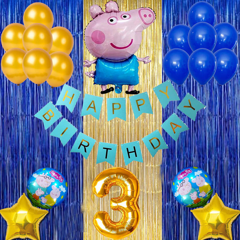     			CRAZYKART Peppa Pig Theme Third 3rd Birthday Decoration Items For Girls Party Decoration Kit Balloon Combo Pack Of 40 Pcs Blue