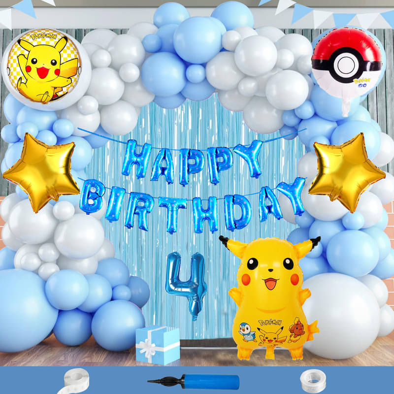 CRAZYKART Pikachu Pokemon Theme Fourth 4th Birthday Decoration Items For Boys Party Decoration Kit Balloon Combo Pack Of 112 Pcs Yellow     			CRAZYKART Pikachu Pokemon Theme Fourth 4th Birthday Decoration Items For Boys Party Decoration Kit Balloon Combo Pack Of 112 Pcs Yellow