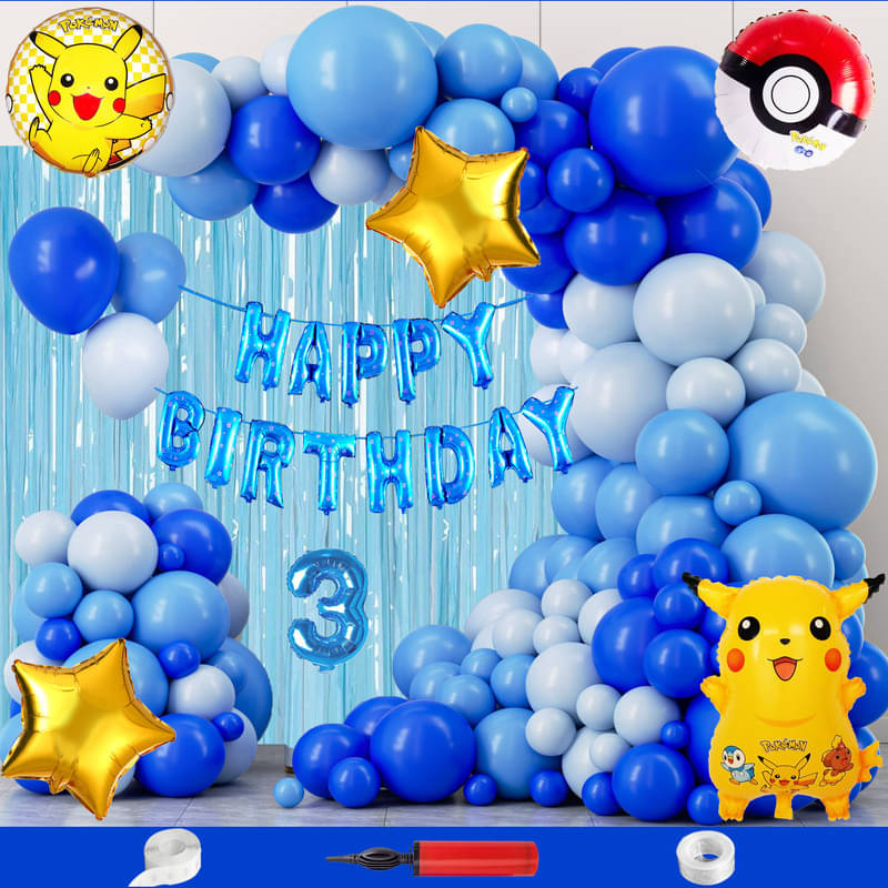 CRAZYKART Pikachu Pokemon Theme Third 3rd Birthday Decoration Items For Boys Party Decoration Kit Balloon Combo Pack Of 112 Pcs Blue     			CRAZYKART Pikachu Pokemon Theme Third 3rd Birthday Decoration Items For Boys Party Decoration Kit Balloon Combo Pack Of 112 Pcs Blue