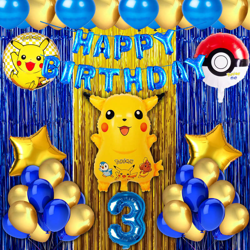 CRAZYKART Pikachu Pokemon Theme Third 3rd Birthday Decoration Items For Boys Party Decoration Kit Balloon Combo Pack Of 40 Pcs Blue     			CRAZYKART Pikachu Pokemon Theme Third 3rd Birthday Decoration Items For Boys Party Decoration Kit Balloon Combo Pack Of 40 Pcs Blue