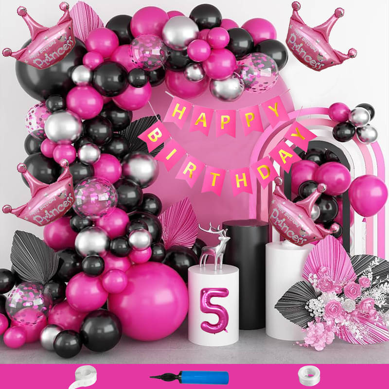 CRAZYKART Princess Crown Theme Fifth 5th Birthday Decoration Items For Girls Party Decoration Kit Balloon Combo Pack Of 89 Pcs Pink CRAZYKART Princess Crown Theme Fifth 5th Birthday Decoration Items For Girls Party Decoration Kit Balloon Combo Pack Of 89 Pcs Pink