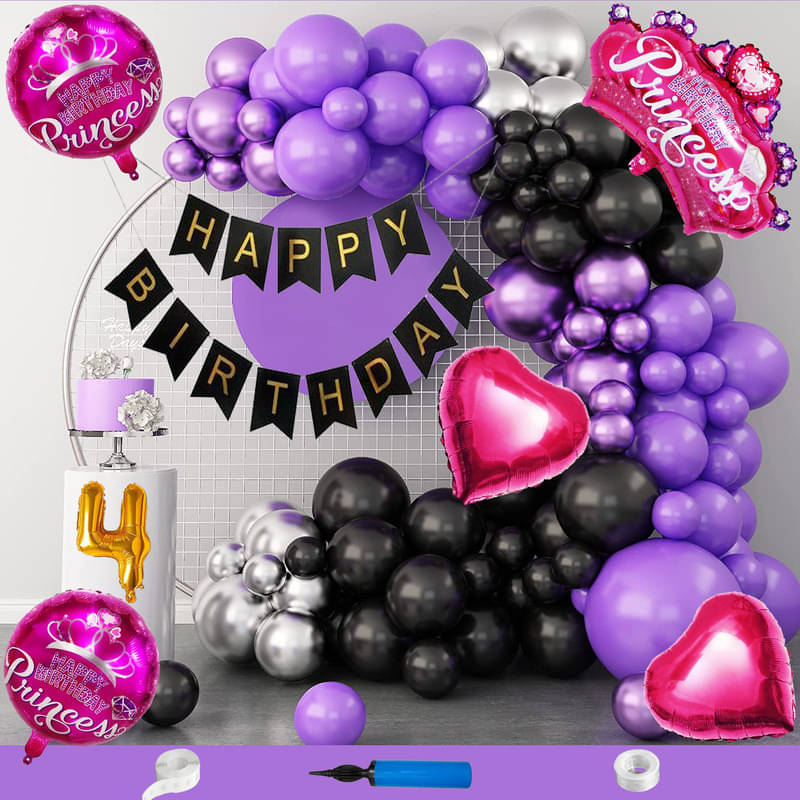 CRAZYKART Princess Crown Theme Fourth 4th Birthday Decoration Items For Girls Party Decoration Kit Balloon Combo Pack Of 110 Pcs Purple CRAZYKART Princess Crown Theme Fourth 4th Birthday Decoration Items For Girls Party Decoration Kit Balloon Combo Pack Of 110 Pcs Purple