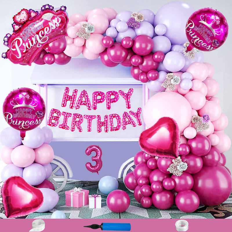 CRAZYKART Princess Crown Theme Third 3rd Birthday Decoration Items For Girls Party Decoration Kit Balloon Combo Pack Of 85 Pcs Pink CRAZYKART Princess Crown Theme Third 3rd Birthday Decoration Items For Girls Party Decoration Kit Balloon Combo Pack Of 85 Pcs Pink
