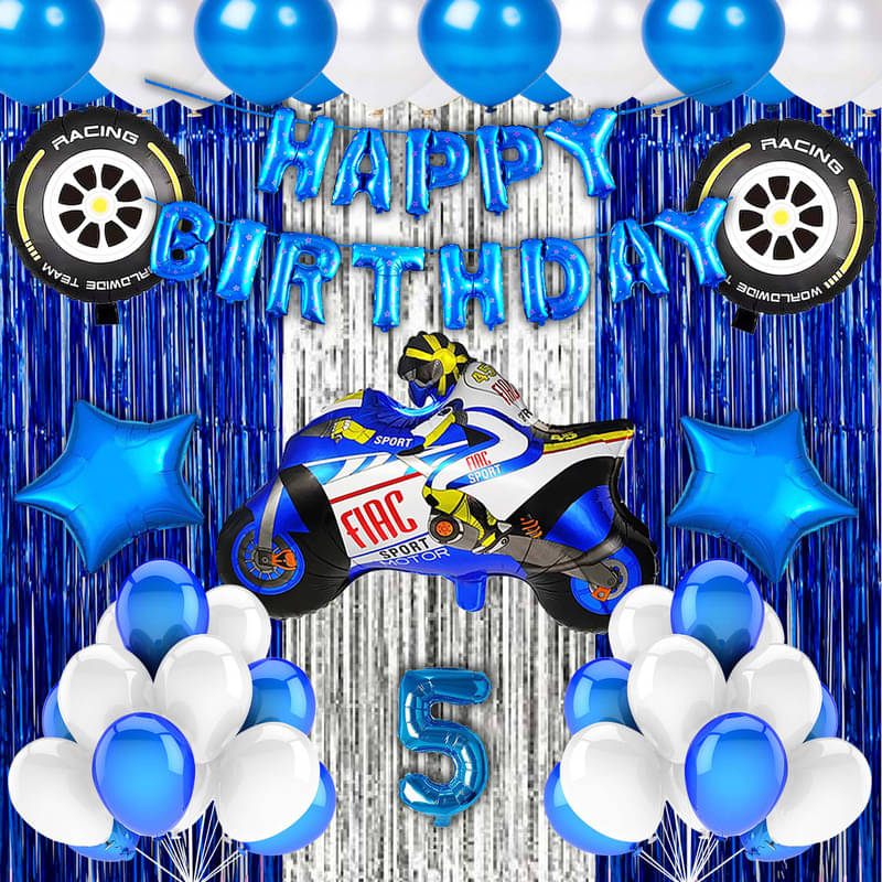     			CRAZYKART Racing Bike Theme Fifth 5th Birthday Decoration Items For Boys Party Decoration Kit Balloon Combo Pack Of 40 Pcs Blue