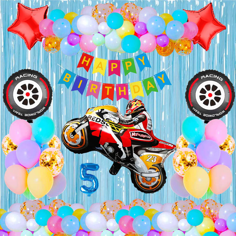     			CRAZYKART Racing Bike Theme Fifth 5th Birthday Decoration Items For Boys Party Decoration Kit Balloon Combo Pack Of 39 Pcs Red