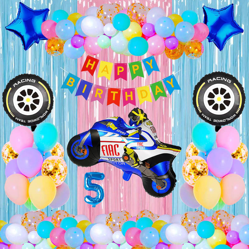     			CRAZYKART Racing Bike Theme Fifth 5th Birthday Decoration Items For Boys Party Decoration Kit Balloon Combo Pack Of 40 Pcs Blue