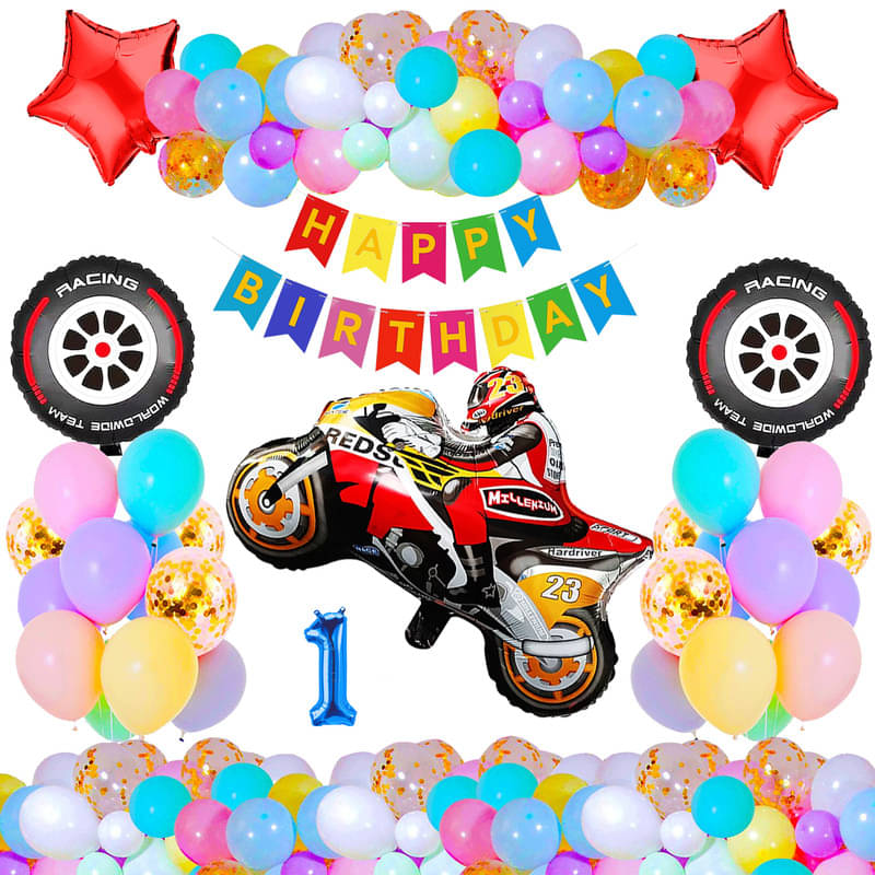     			CRAZYKART Racing Bike Theme First 1st Birthday Decoration Items For Boys Party Decoration Kit Balloon Combo Pack Of 37 Pcs Red