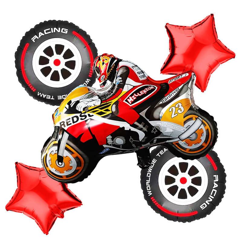 CRAZYKART Racing Bike Theme Foil Balloon Set For Boys Birthday Party Decoration Items Pack Of 5 Pcs Red     			CRAZYKART Racing Bike Theme Foil Balloon Set For Boys Birthday Party Decoration Items Pack Of 5 Pcs Red
