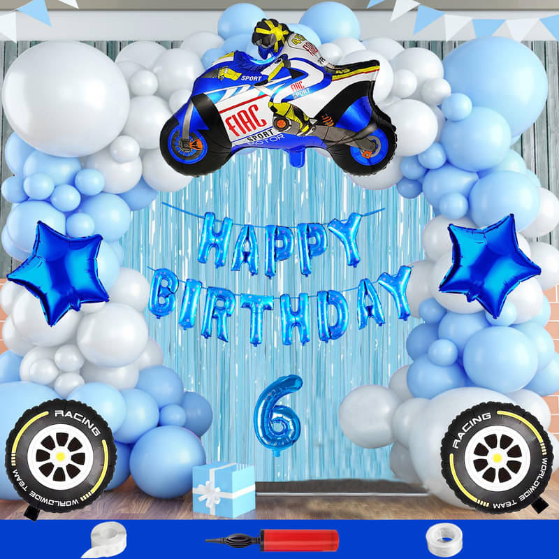 CRAZYKART Racing Bike Theme Sixth 6th Birthday Decoration Items For Boys Party Decoration Kit Balloon Combo Pack Of 112 Pcs Blue CRAZYKART Racing Bike Theme Sixth 6th Birthday Decoration Items For Boys Party Decoration Kit Balloon Combo Pack Of 112 Pcs Blue