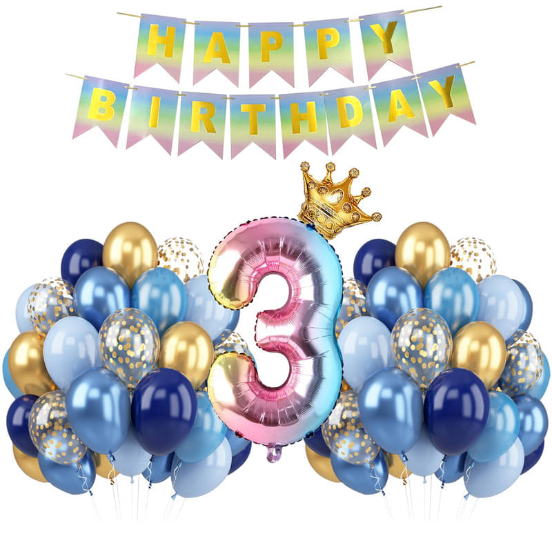     			CRAZYKART Rainbow Shade Number Crown Theme Third 3rd Birthday Decoration Items For Boys Party Decoration Kit Balloon Combo Pack Of 48 Pcs Multicolor