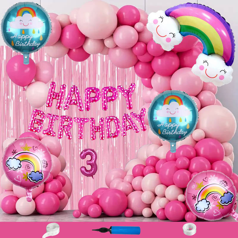 CRAZYKART Rainbow Theme Third 3rd Birthday Decoration Items For Girls Party Decoration Kit Balloon Combo Pack Of 112 Pcs Pink     			CRAZYKART Rainbow Theme Third 3rd Birthday Decoration Items For Girls Party Decoration Kit Balloon Combo Pack Of 112 Pcs Pink