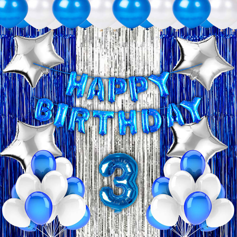 CRAZYKART Silver Star Theme Third 3rd Birthday Decoration Items For Boys Party Decoration Kit Balloon Combo Pack Of 40 Pcs Blue CRAZYKART Silver Star Theme Third 3rd Birthday Decoration Items For Boys Party Decoration Kit Balloon Combo Pack Of 40 Pcs Blue