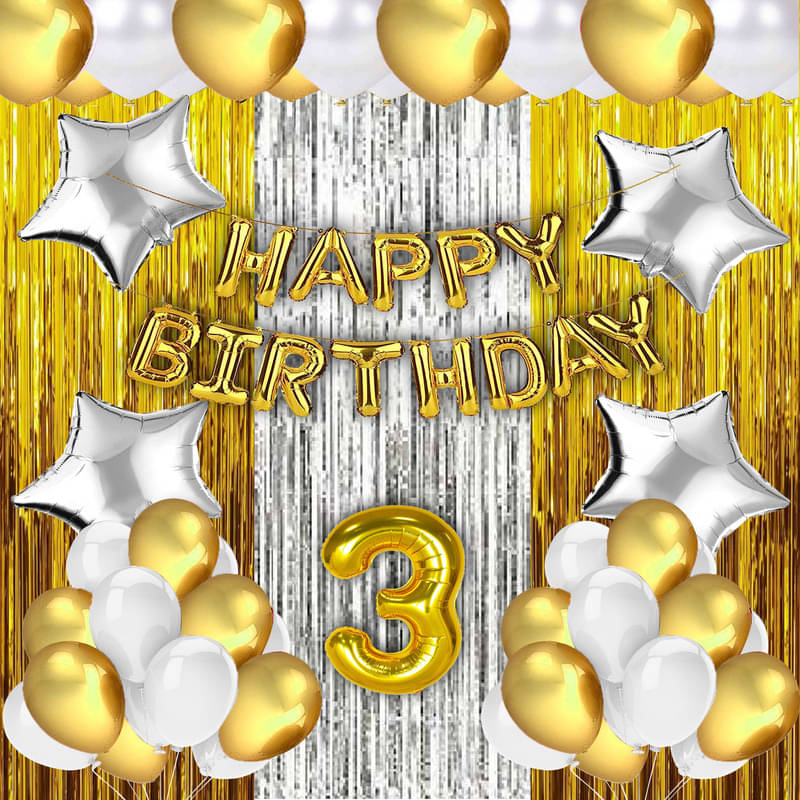 CRAZYKART Silver Star Theme Third 3rd Birthday Decoration Items For Boys Party Decoration Kit Balloon Combo Pack Of 40 Pcs Gold CRAZYKART Silver Star Theme Third 3rd Birthday Decoration Items For Boys Party Decoration Kit Balloon Combo Pack Of 40 Pcs Gold