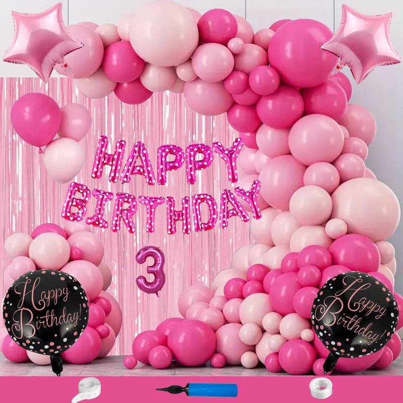     			CRAZYKART Star Theme Third 3rd Birthday Decoration Items For Girls Party Decoration Kit Balloon Combo Pack Of 111 Pcs Pink