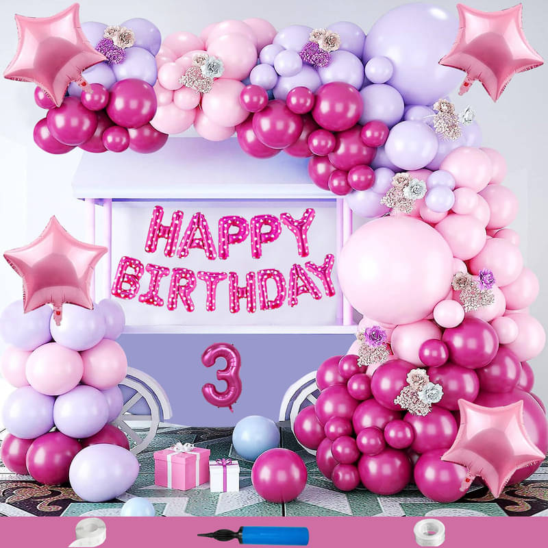     			CRAZYKART Star Theme Third 3rd Birthday Decoration Items For Girls Party Decoration Kit Balloon Combo Pack Of 84 Pcs Pink
