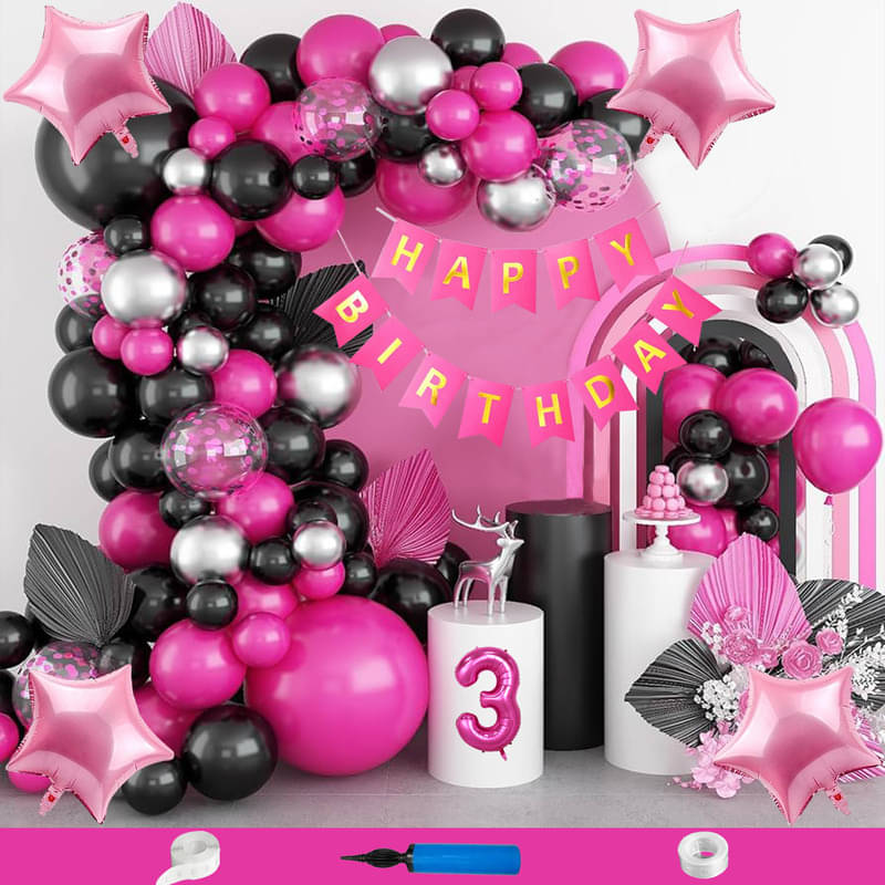     			CRAZYKART Star Theme Third 3rd Birthday Decoration Items For Girls Party Decoration Kit Balloon Combo Pack Of 89 Pcs Pink