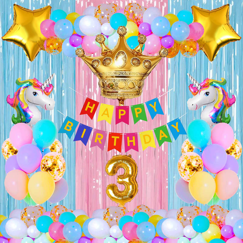 CRAZYKART Unicorn Crown Theme Third 3rd Birthday Decoration Items For Boys Party Decoration Kit Balloon Combo Pack Of 40 Pcs Gold CRAZYKART Unicorn Crown Theme Third 3rd Birthday Decoration Items For Boys Party Decoration Kit Balloon Combo Pack Of 40 Pcs Gold