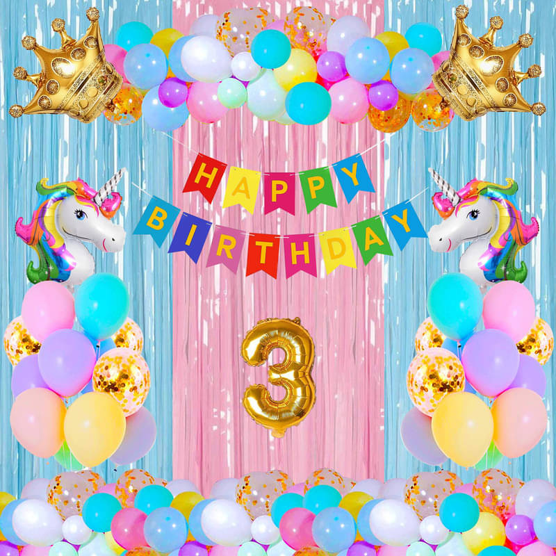     			CRAZYKART Unicorn Crown Theme Third 3rd Birthday Decoration Items For Boys Party Decoration Kit Balloon Combo Pack Of 39 Pcs Gold