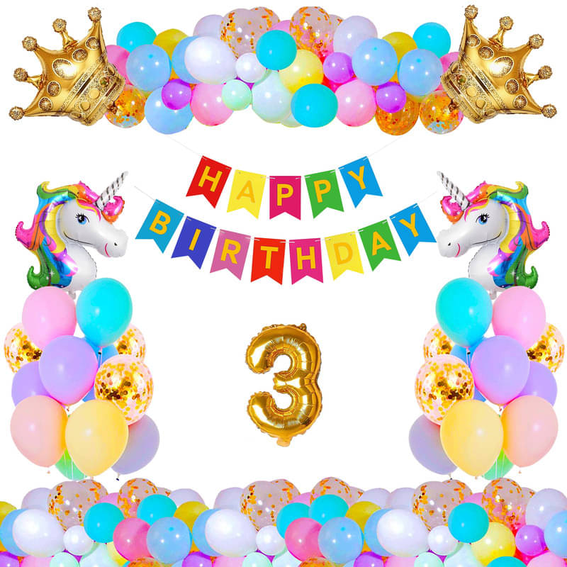     			CRAZYKART Unicorn Crown Theme Third 3rd Birthday Decoration Items For Boys Party Decoration Kit Balloon Combo Pack Of 36 Pcs Gold