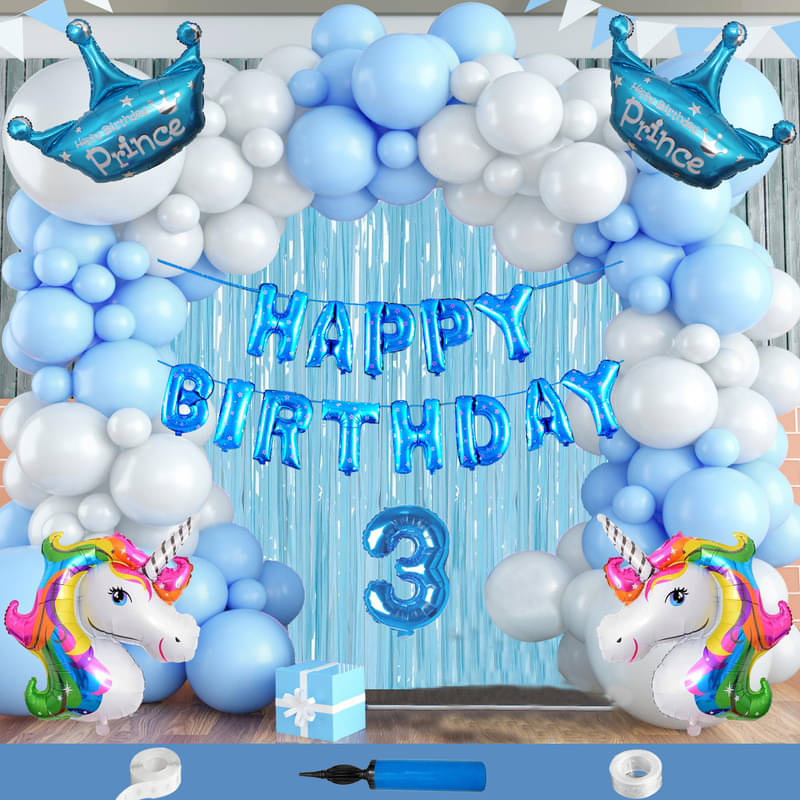 CRAZYKART Unicorn Prince Crown Theme Third 3rd Birthday Decoration Items For Boys Party Decoration Kit Balloon Combo Pack Of 111 Pcs Blue CRAZYKART Unicorn Prince Crown Theme Third 3rd Birthday Decoration Items For Boys Party Decoration Kit Balloon Combo Pack Of 111 Pcs Blue