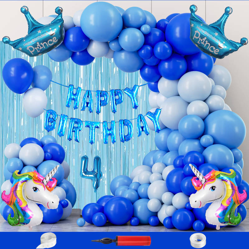 CRAZYKART Unicorn Prince Crown Theme Fourth 4th Birthday Decoration Items For Boys Party Decoration Kit Balloon Combo Pack Of 111 Pcs Blue CRAZYKART Unicorn Prince Crown Theme Fourth 4th Birthday Decoration Items For Boys Party Decoration Kit Balloon Combo Pack Of 111 Pcs Blue