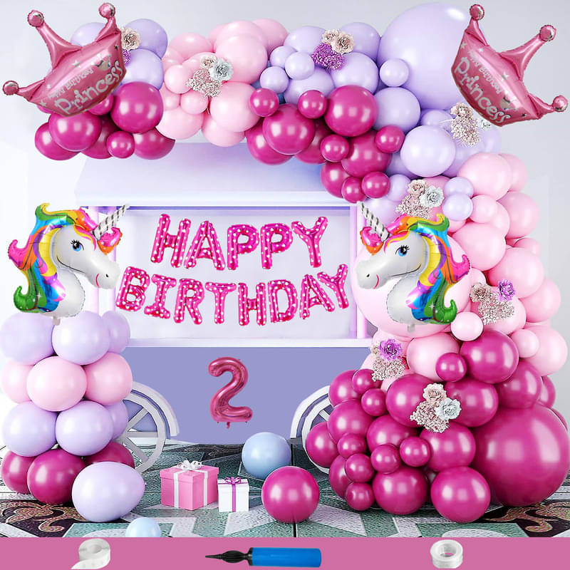    			CRAZYKART Unicorn Princess Crown Theme Second 2nd Birthday Decoration Items For Girls Party Decoration Kit Balloon Combo Pack Of 84 Pcs Pink