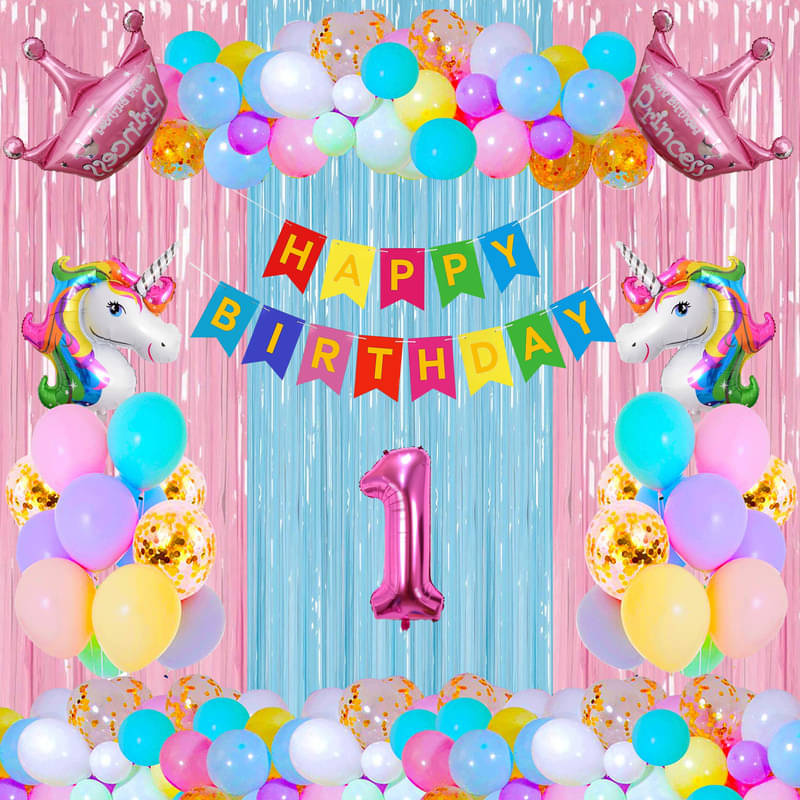     			CRAZYKART Unicorn Princess Crown Theme First 1st Birthday Decoration Items For Girls Party Decoration Kit Balloon Combo Pack Of 39 Pcs Pink
