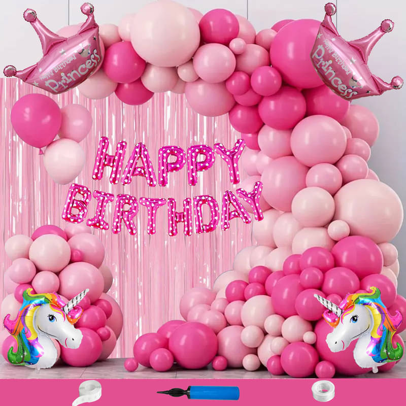 CRAZYKART Unicorn Princess Crown Theme Birthday Decoration Items For Girls Party Decoration Kit Balloon Combo Pack Of 110 Pcs Pink CRAZYKART Unicorn Princess Crown Theme Birthday Decoration Items For Girls Party Decoration Kit Balloon Combo Pack Of 110 Pcs Pink