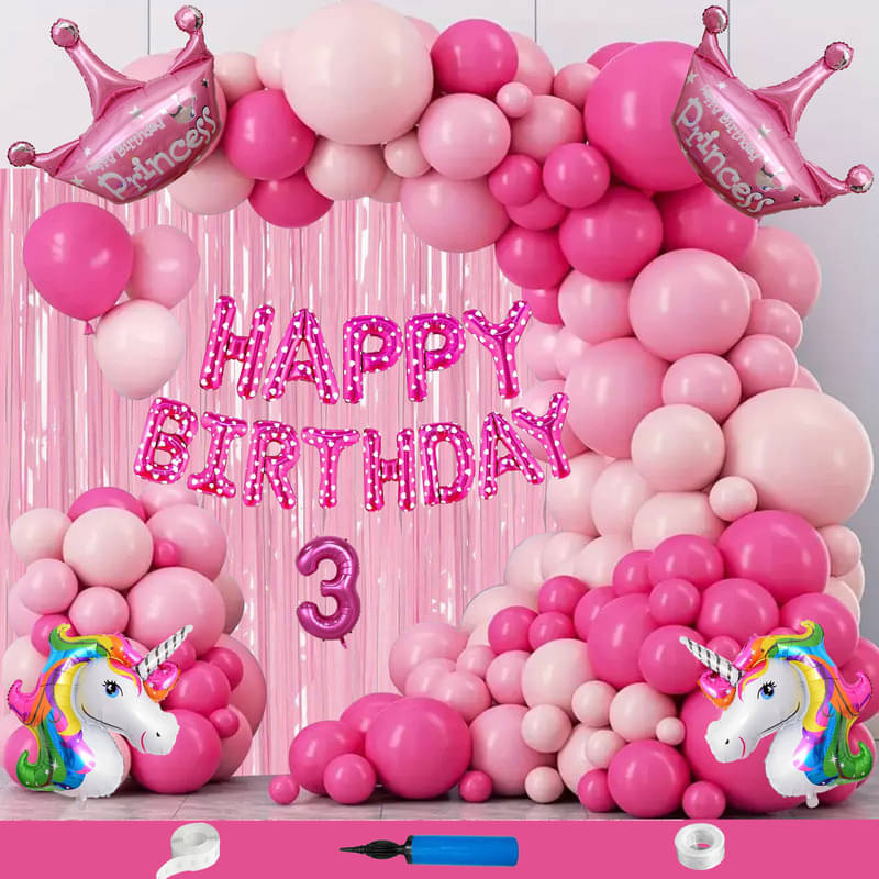     			CRAZYKART Unicorn Princess Crown Theme Third 3rd Birthday Decoration Items For Girls Party Decoration Kit Balloon Combo Pack Of 111 Pcs Pink