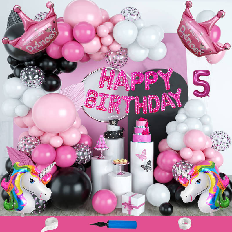     			CRAZYKART Unicorn Princess Crown Theme Fifth 5th Birthday Decoration Items For Girls Party Decoration Kit Balloon Combo Pack Of 114 Pcs Pink