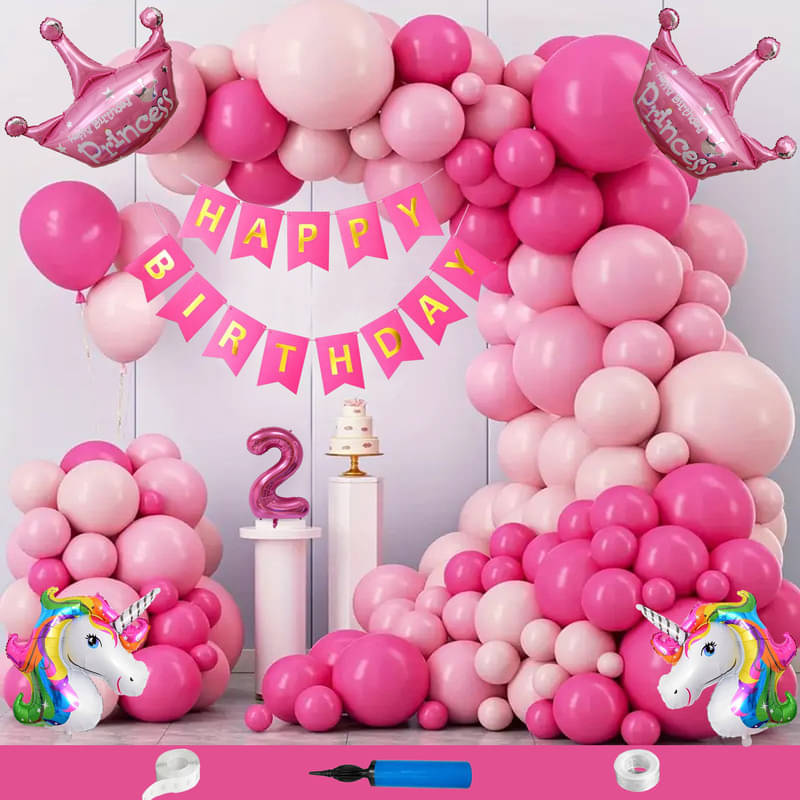 CRAZYKART Unicorn Princess Crown Theme Second 2nd Birthday Decoration Items For Girls Party Decoration Kit Balloon Combo Pack Of 109 Pcs Pink CRAZYKART Unicorn Princess Crown Theme Second 2nd Birthday Decoration Items For Girls Party Decoration Kit Balloon Combo Pack Of 109 Pcs Pink