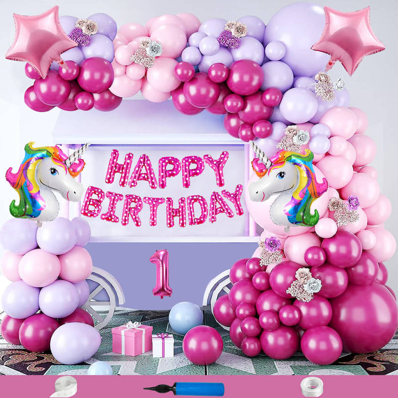 CRAZYKART Unicorn Star Theme First 1st Birthday Decoration Items For Girls Party Decoration Kit Balloon Combo Pack Of 84 Pcs Pink CRAZYKART Unicorn Star Theme First 1st Birthday Decoration Items For Girls Party Decoration Kit Balloon Combo Pack Of 84 Pcs Pink
