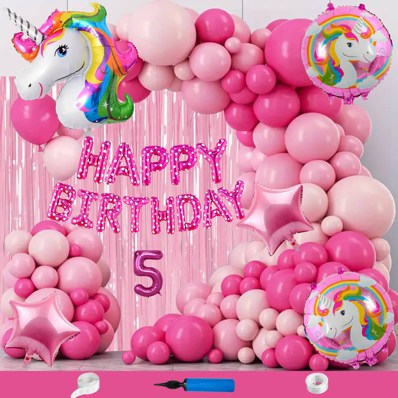 CRAZYKART Unicorn Theme Fifth 5th Birthday Decoration Items For Girls Party Decoration Kit Balloon Combo Pack Of 112 Pcs Pink CRAZYKART Unicorn Theme Fifth 5th Birthday Decoration Items For Girls Party Decoration Kit Balloon Combo Pack Of 112 Pcs Pink