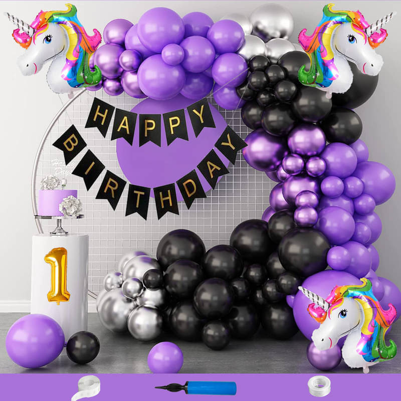     			CRAZYKART Unicorn Theme First 1st Birthday Decoration Items For Girls Party Decoration Kit Balloon Combo Pack Of 108 Pcs Purple