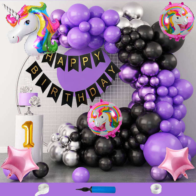 CRAZYKART Unicorn Theme First 1st Birthday Decoration Items For Girls Party Decoration Kit Balloon Combo Pack Of 110 Pcs Purple CRAZYKART Unicorn Theme First 1st Birthday Decoration Items For Girls Party Decoration Kit Balloon Combo Pack Of 110 Pcs Purple