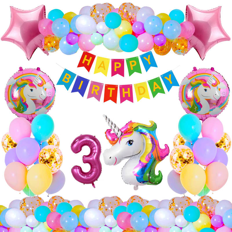     			CRAZYKART Unicorn Theme Third 3rd Birthday Decoration Items For Girls Party Decoration Kit Balloon Combo Pack Of 37 Pcs Pink