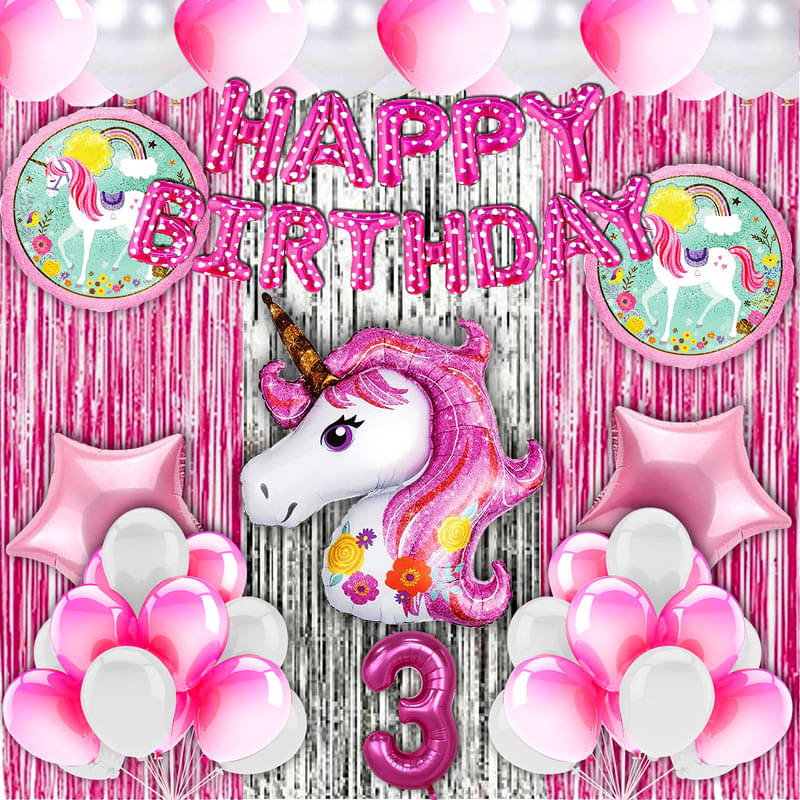     			CRAZYKART Unicorn Theme Third 3rd Birthday Decoration Items For Girls Party Decoration Kit Balloon Combo Pack Of 40 Pcs Pink