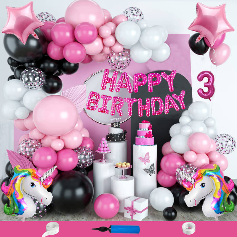 CRAZYKART Unicorn Theme Third 3rd Birthday Decoration Items For Girls Party Decoration Kit Balloon Combo Pack Of 114 Pcs Pink CRAZYKART Unicorn Theme Third 3rd Birthday Decoration Items For Girls Party Decoration Kit Balloon Combo Pack Of 114 Pcs Pink