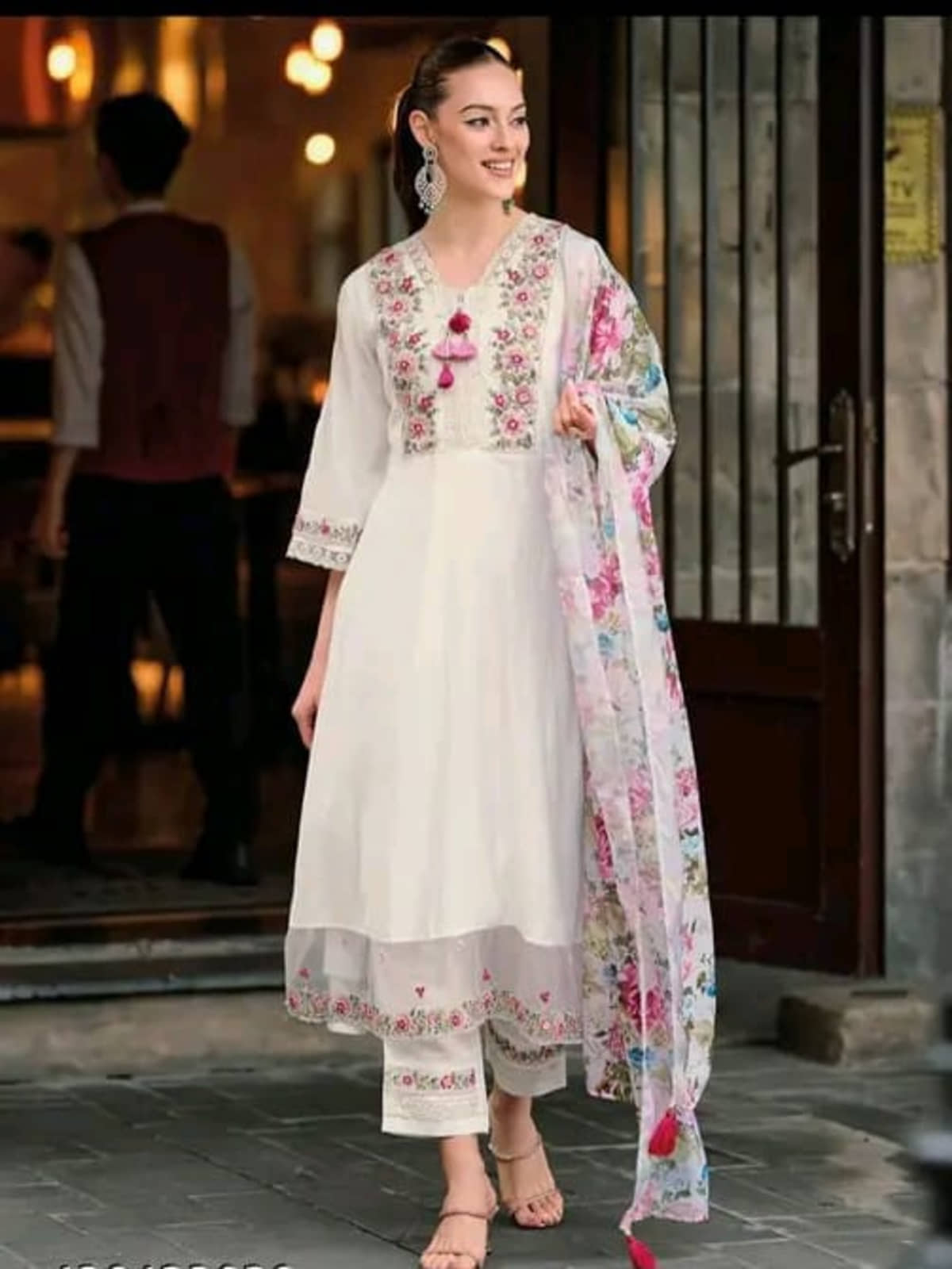 Choice Fashion Chanderi Embroidered Kurti With Pants Women's Stitched Salwar Suit - White ( Pack of 1 )