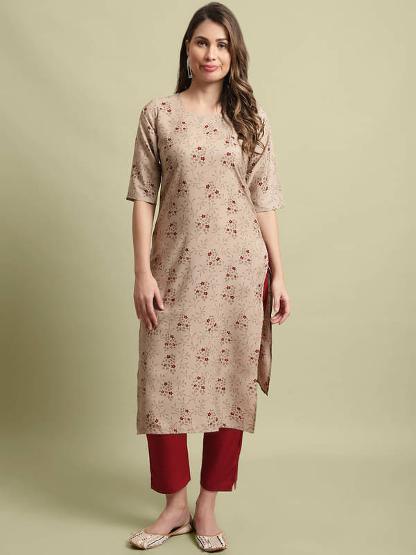     			Ethnicbasket Crepe Printed Kurti With Pants Women's Stitched Salwar Suit - Beige ( Pack of 1 )