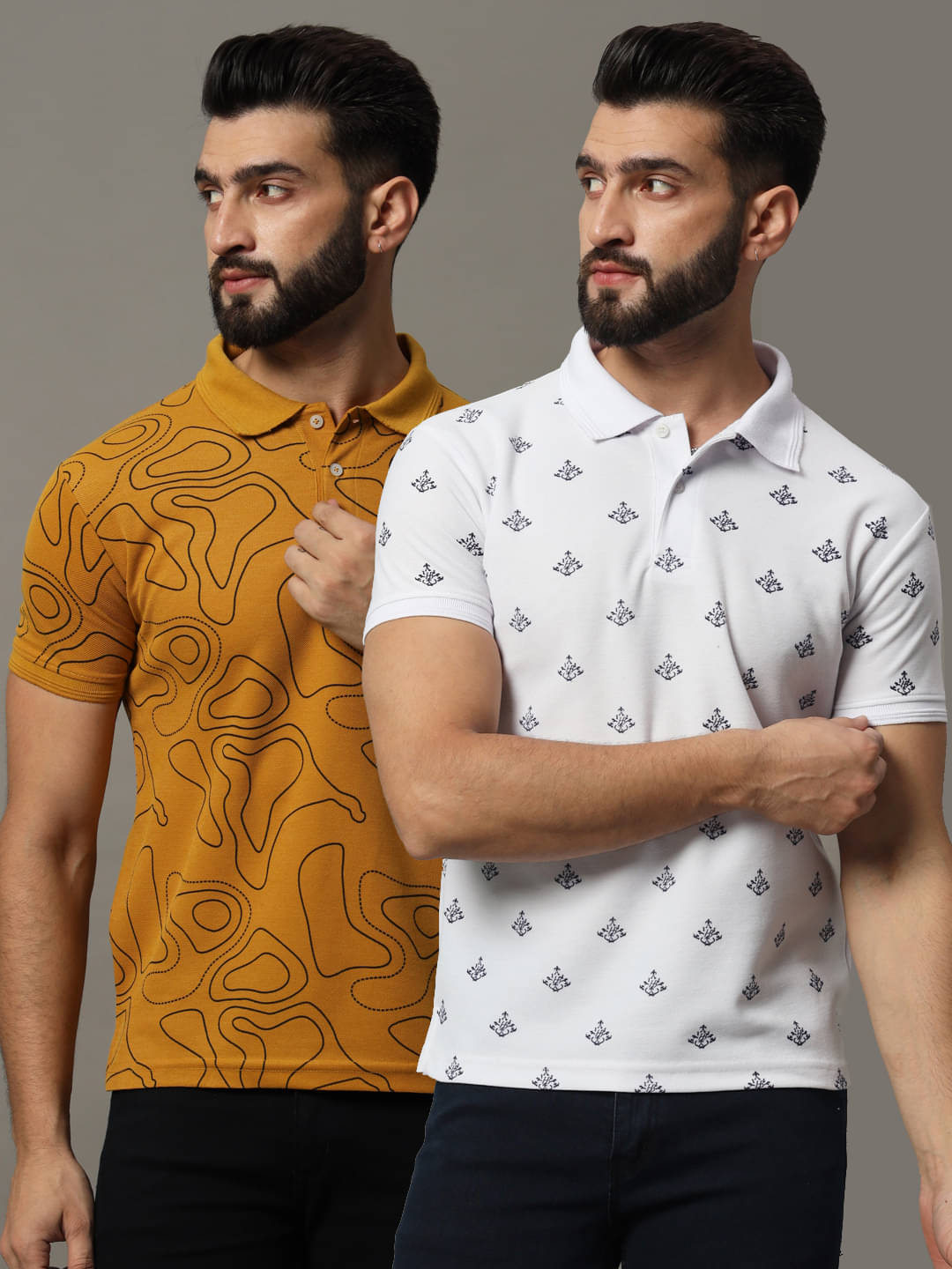 Hushbucks Pack of 2 Cotton Blend Regular Fit Printed Half Sleeves Men's Polo T Shirt ( Mustard ) Hushbucks Pack of 2 Cotton Blend Regular Fit Printed Half Sleeves Men's Polo T Shirt ( Mustard )