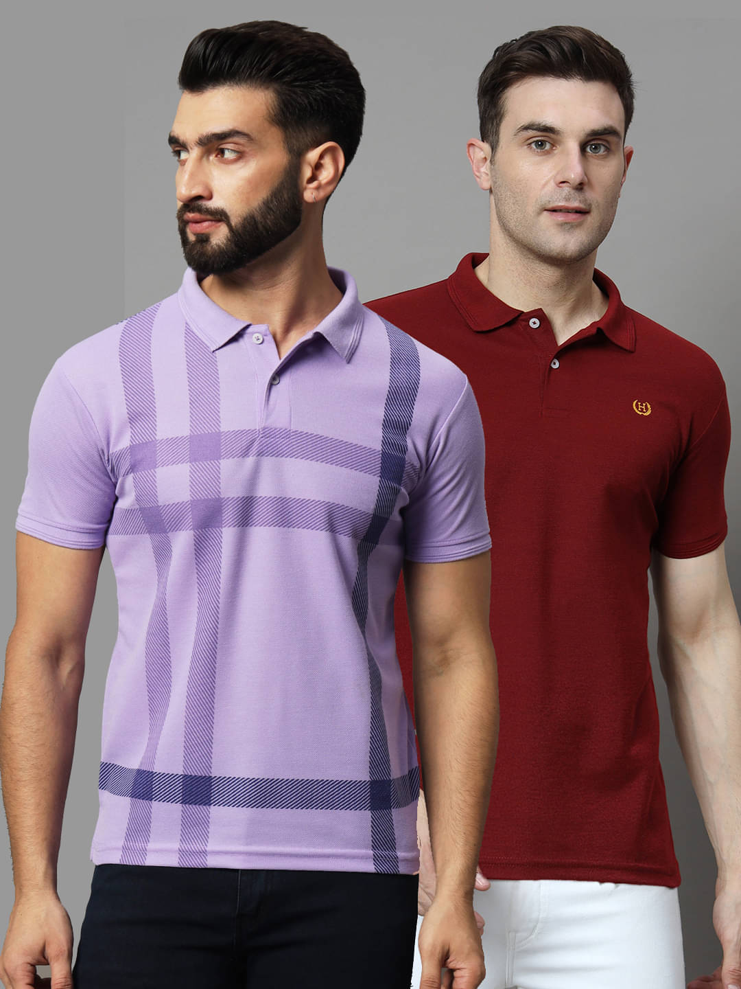     			Hushbucks Pack of 2 Cotton Blend Regular Fit Solid Half Sleeves Men's Polo T Shirt ( Purple )