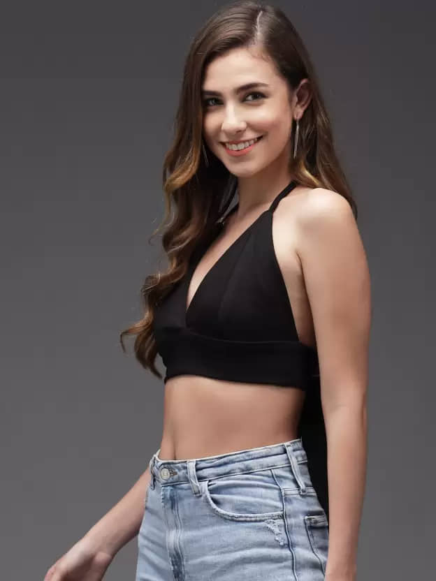 Istyle Can Women's Lycra Crop Top ( Black )